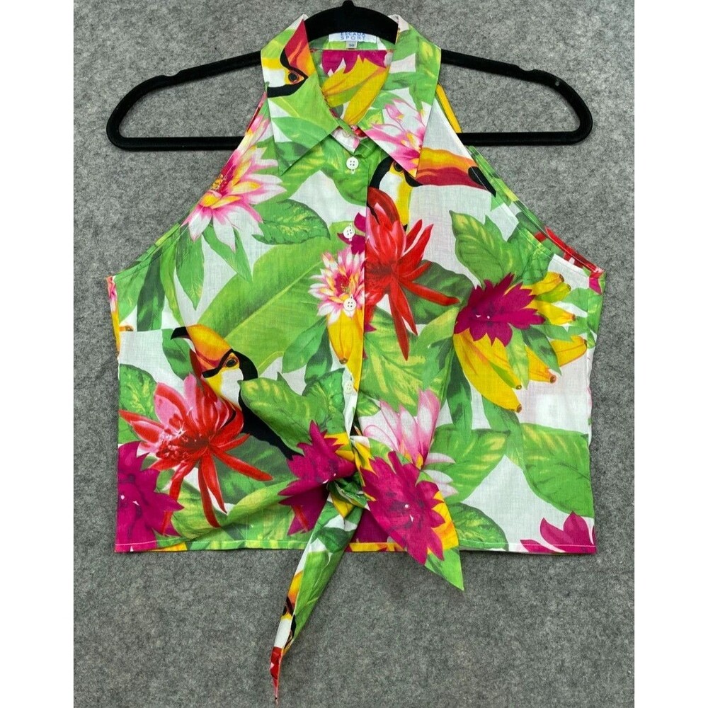 Vintage Escada Sport Top 38 S Floral Tropical Toucan Bird Tie Front Tank Crop